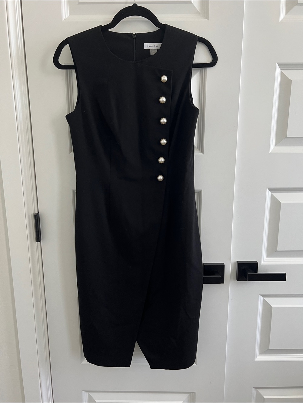 Calvin Klein Black Sleeveless Sheath Dress with Pearl-Style Buttons